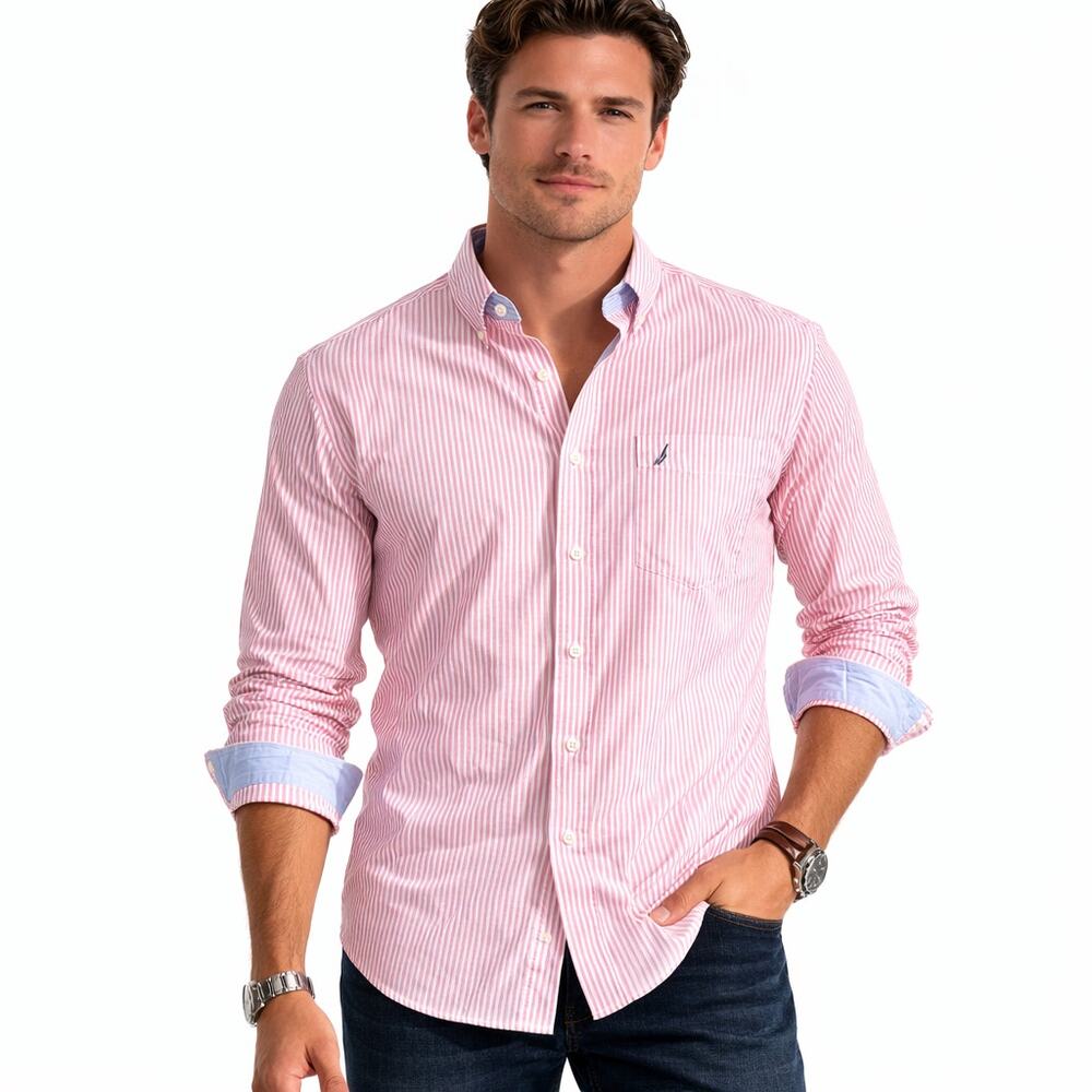 Nautica Active Fit Oxford Shirt Mens 14.5 32/33 Pink White Stripe Button Down